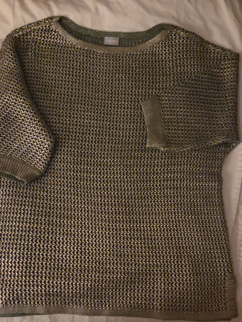 Chico's Olive and Gold Metallic Crewneck Short-Sleeve Sweater